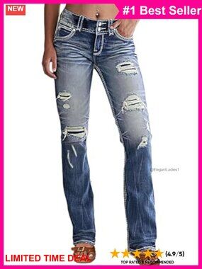Ripped Distressed Bootcut Low Rise Flare Jeans Cotton Spandex